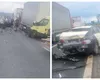 Accident grav pe A1! Carambol cu două mașini, un camion şi o autoplatformă. O femeie a rămas blocată într-un autoturism