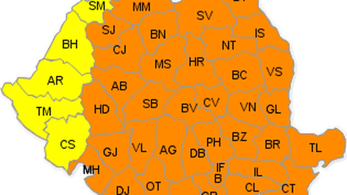 COD PORTOCALIU de GER în 35 de judeţe, COD GALBEN în restul ţării