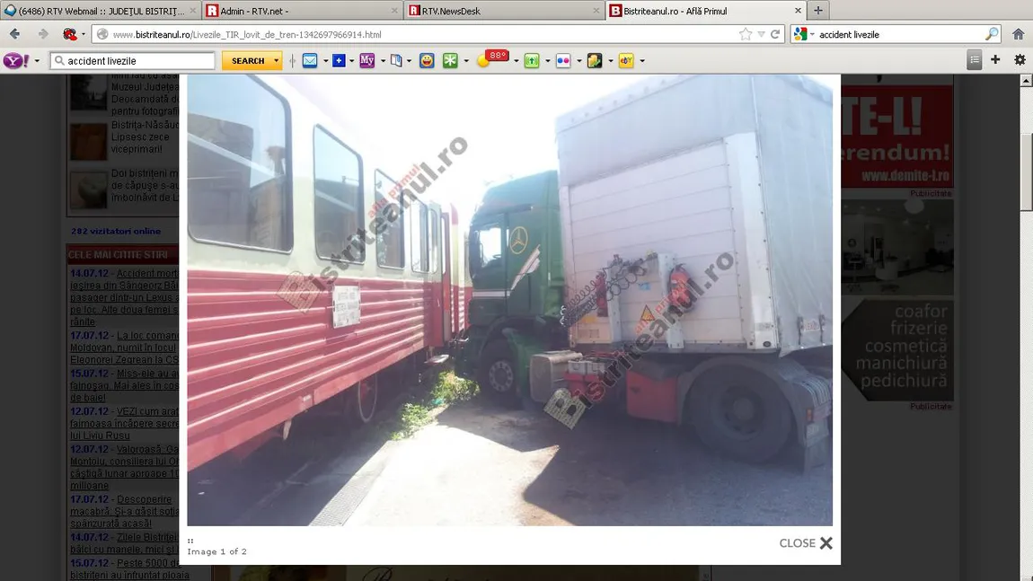 Un tir a fost lovit de tren, în Bistriţa. O persoană a fost rănită
