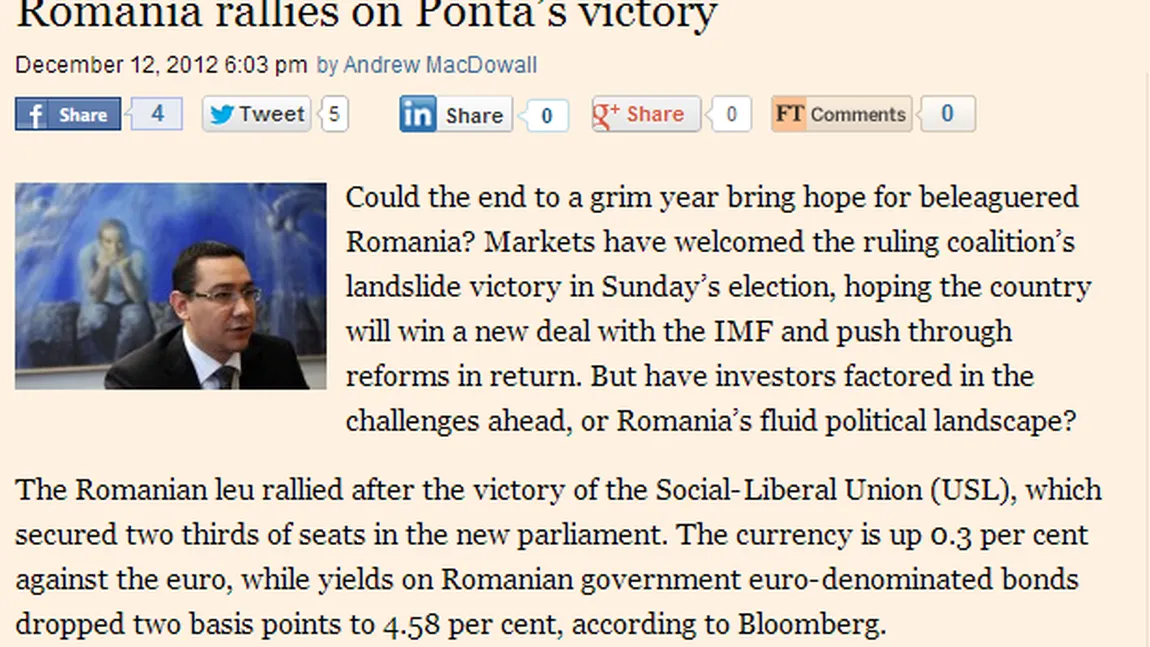 Financial Times: România îşi revine după victoria lui Ponta