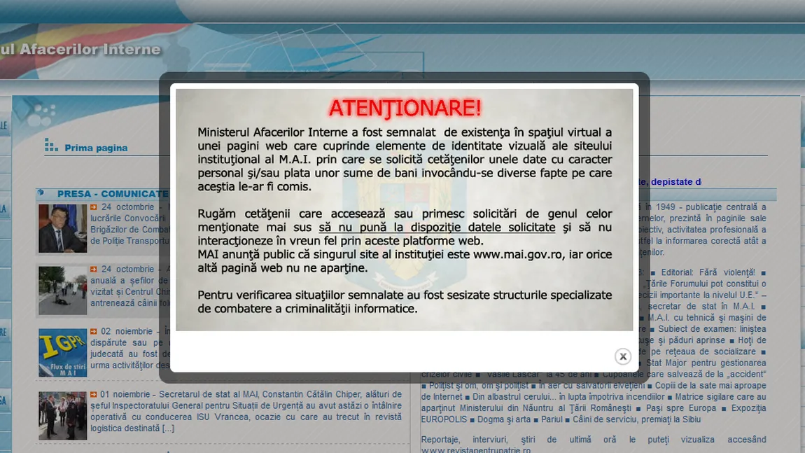 ATENŢIE! Site-ul Ministerului de Interne, CLONAT de hackeri. Nu oferiţi date personale!