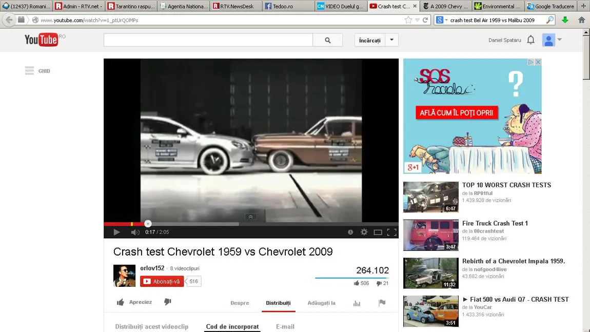 CRASH TEST, duelul generaţiilor. Rezultatul ciocnirii dintre o maşină din 2009 şi una din 1959 VIDEO