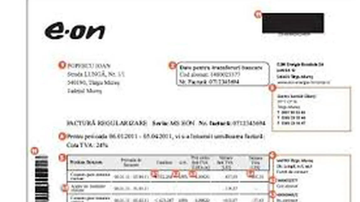 E.ON Energie România a modificat modelul facturilor la gaze naturale şi la energie electrică, din iulie