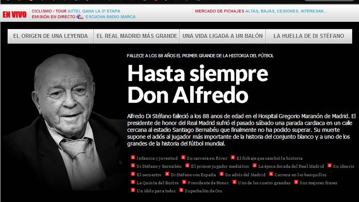 Doliu mondial. A murit Alfredo Di Stefano, legendarul fotbalist al lui Real Madrid