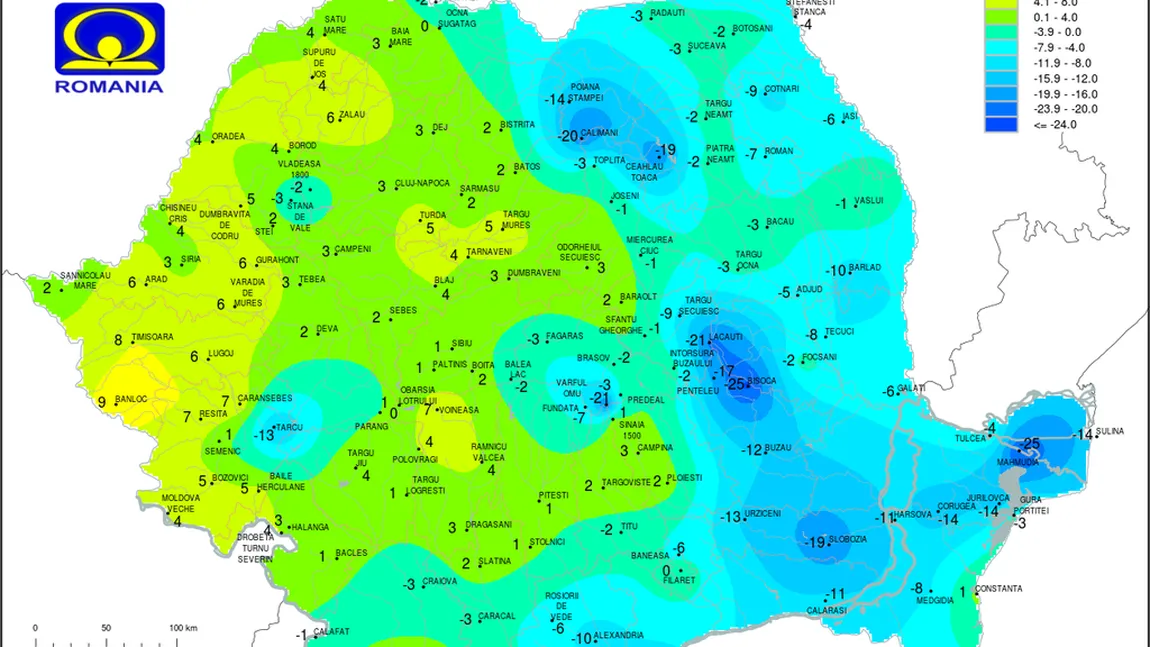 Temperaturi siberiene în România: -25 de grade Celsius. HARTA INDICELUI DE RĂCIRE