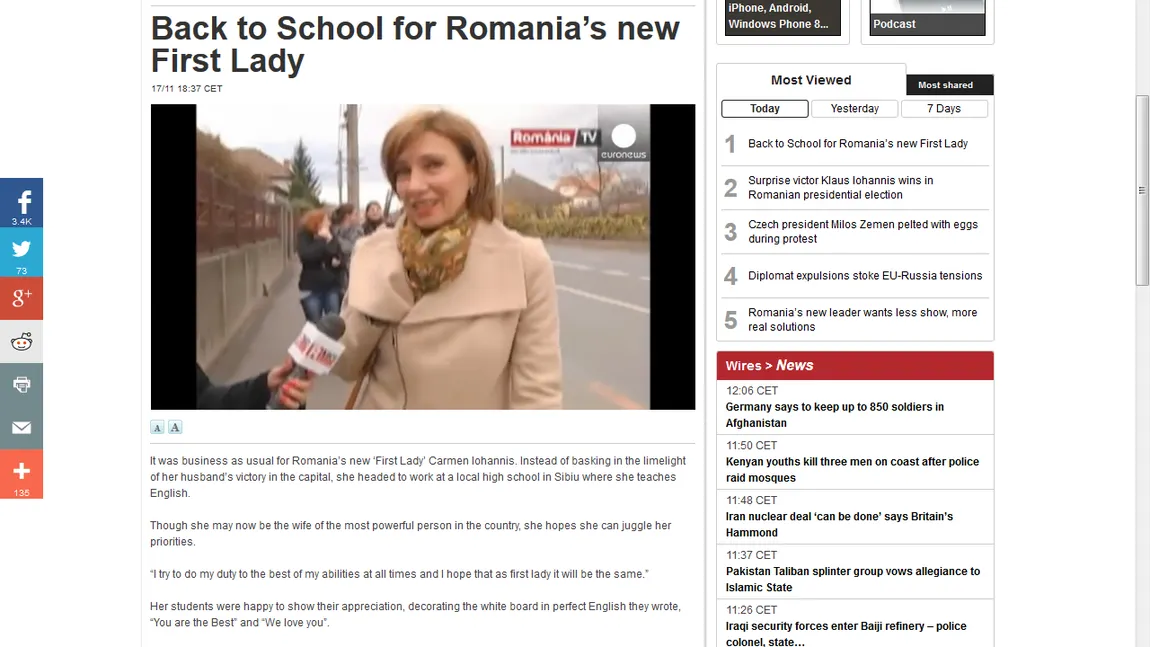 EURONEWS despre Carmen Iohannis: Primă Doamnă a României, înapoi, la şcoală GALERIE FOTO