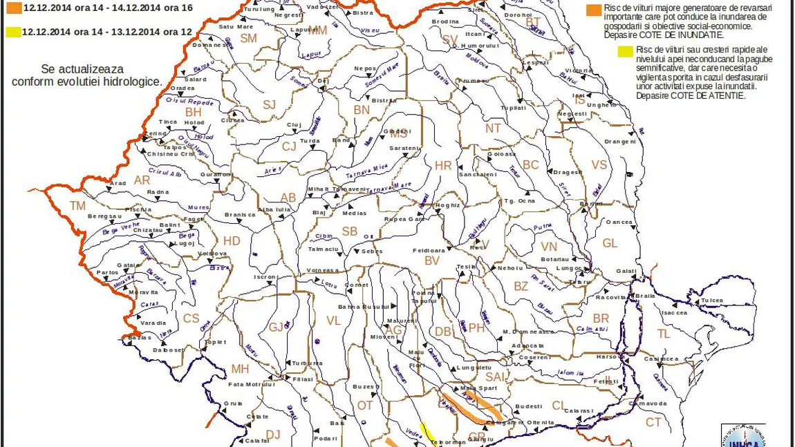 Avertizare cod portocaliu şi galben de inundaţii în sudul României