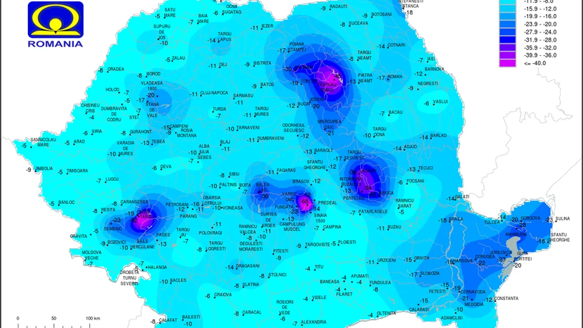 Temperaturi resimţite de MINUS 68 de grade pe Vârful Omu. HARTA INDICELUI DE RĂCIRE