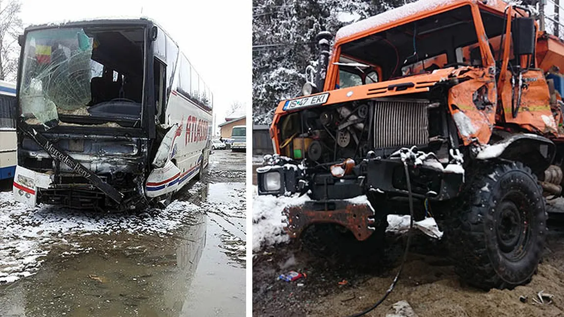 Accident grav între un autocar şi un utilaj pentru deszăpezire