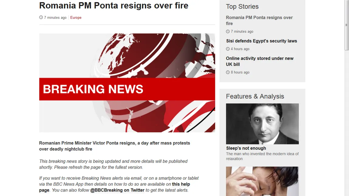 Demisia lui Victor Ponta, BREAKING NEWS la BBC VIDEO