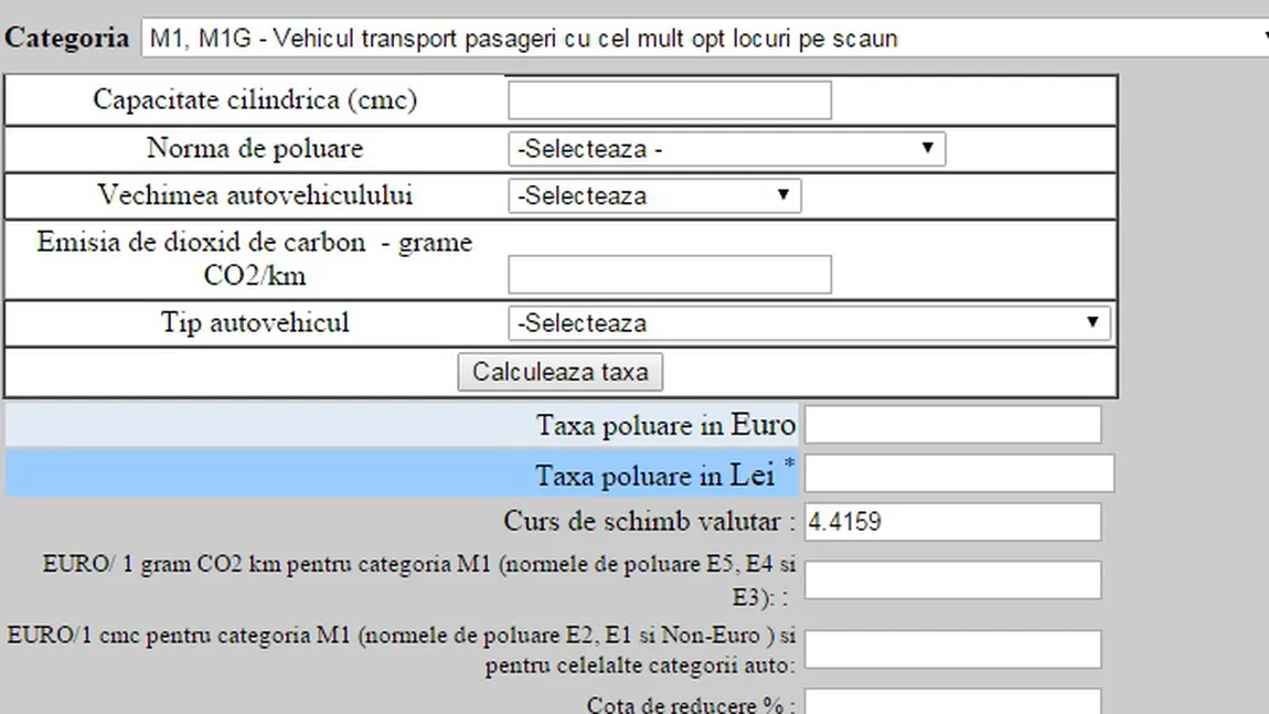 Calculator TAXA AUTO 2016 ANAF: Calculează-ţi singur TIMBRU DE MEDIU 2016