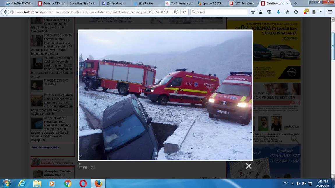 Accident din cauza zăpezii, la Bistriţa. O maşină a intrat într-un cap de pod