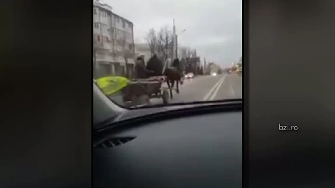 La un pas de tragedie. Un căruţaş s-a luat la întrecere cu maşinile şi a intrat pe contrasens VIDEO