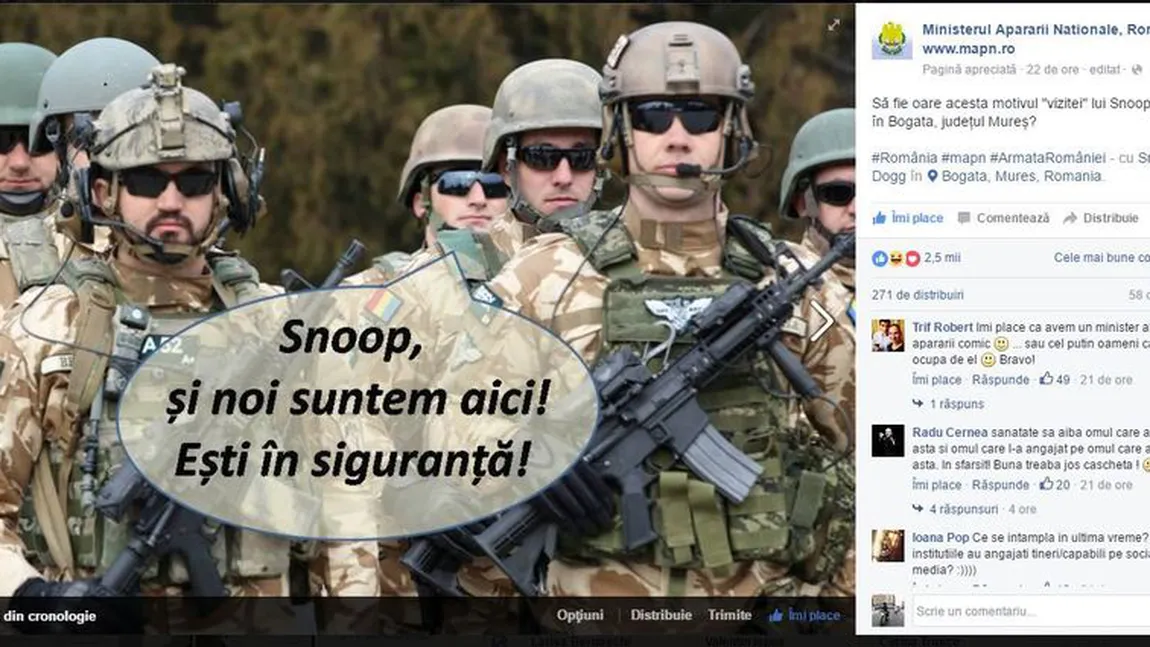 Snoop Dog, ironizat într-o postare a Ministerului Apărării din România
