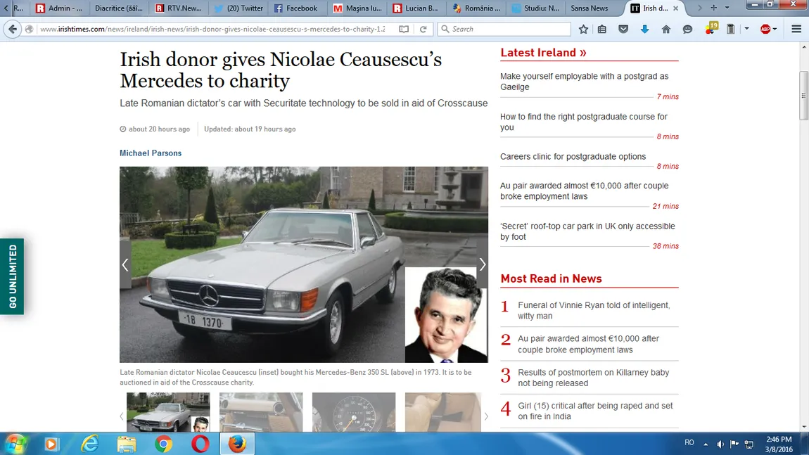 Maşina lui Nicolae Ceauşescu, scoasă la licitaţie în Irlanda. Limuzina valorează 50.000 euro