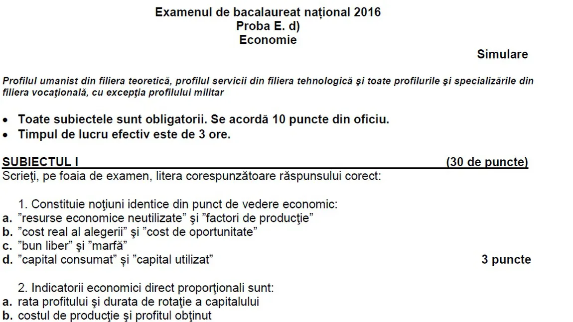 Subiecte ECONOMIE SIMULARE BACALAUREAT, EDU.RO. Vezi SUBIECTELE ŞI BAREMUL DE CORECTARE pentru elevii de clasa a XII-a