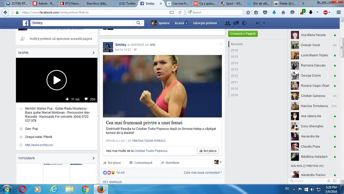 Ce a postat Smiley pe Facebook, imediat după ce Simona Halep a câştigat la Madrid FOTO