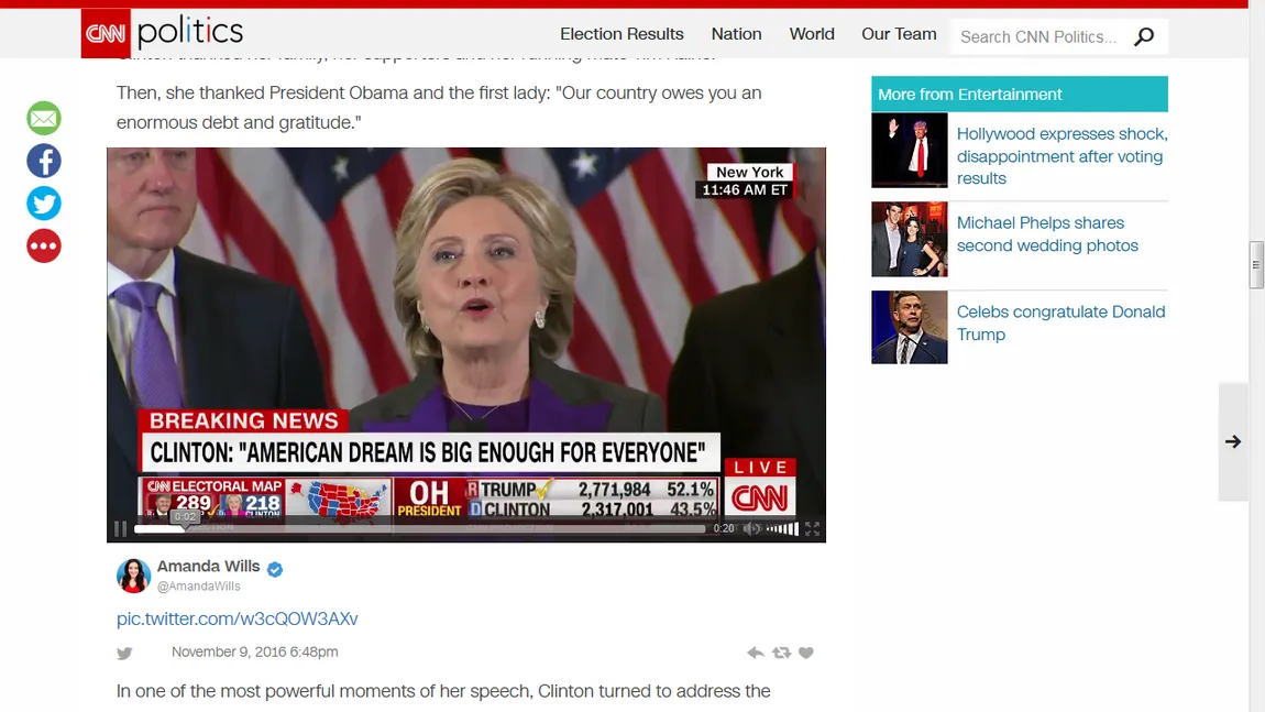 Rezultate alegeri SUA: Hillary Clinton s-a adresat susţinătorilor ei: Visul american este al tuturor