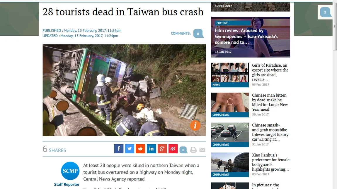 Tragedie în Taiwan: Un autocar cu turişti s-a răsturnat. Cel puţin 32 de oameni au murit