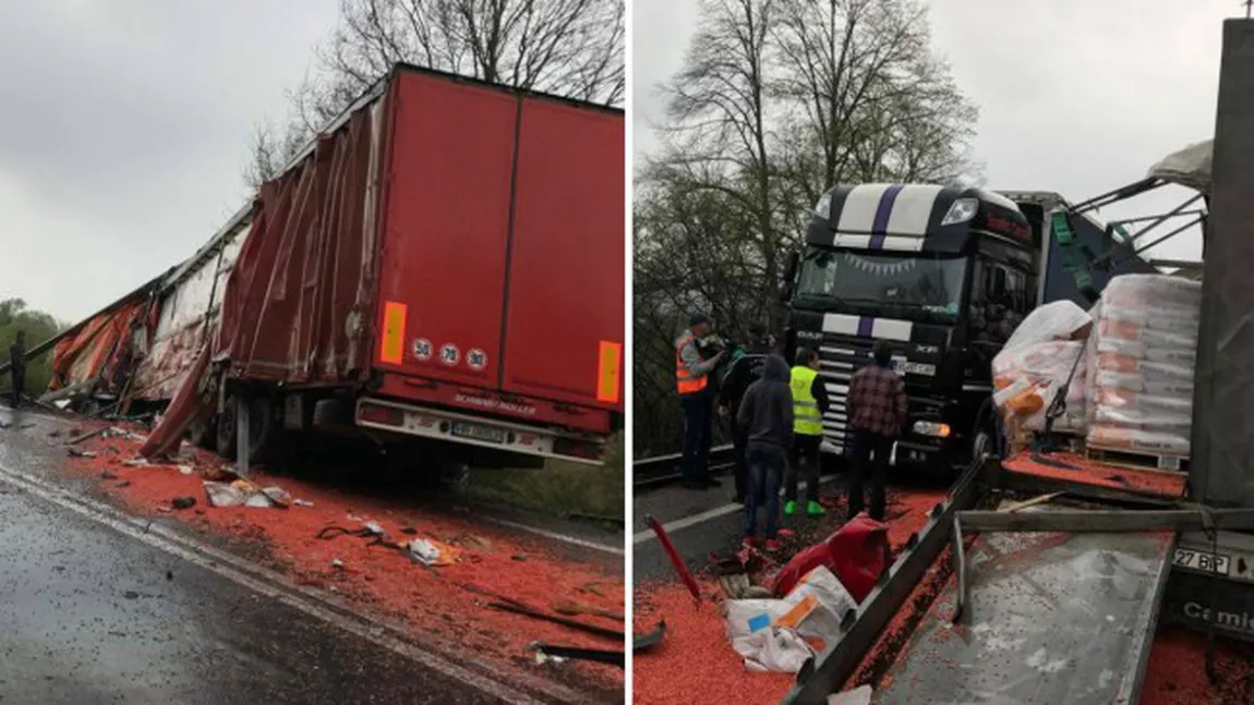 Accident grav în judeţul Arad. Trei tir-uri s-au ciocnit, iar doi şoferi au fost răniţi