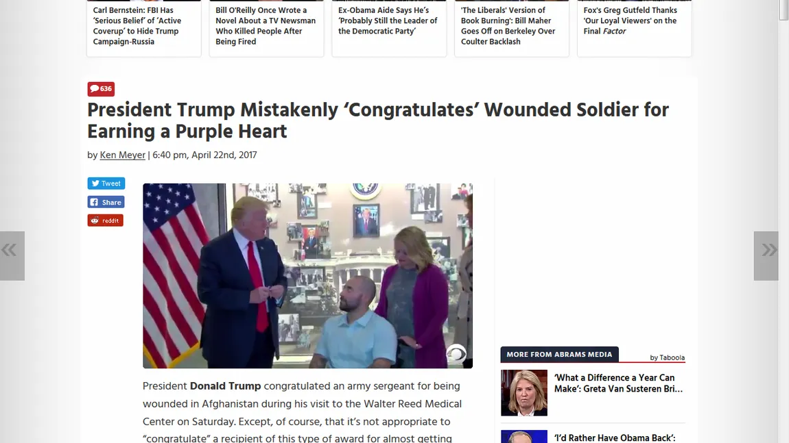 Donald Trump, în vizită la militarii răniţi. A decorat un sergent cu medalia Purple Heart