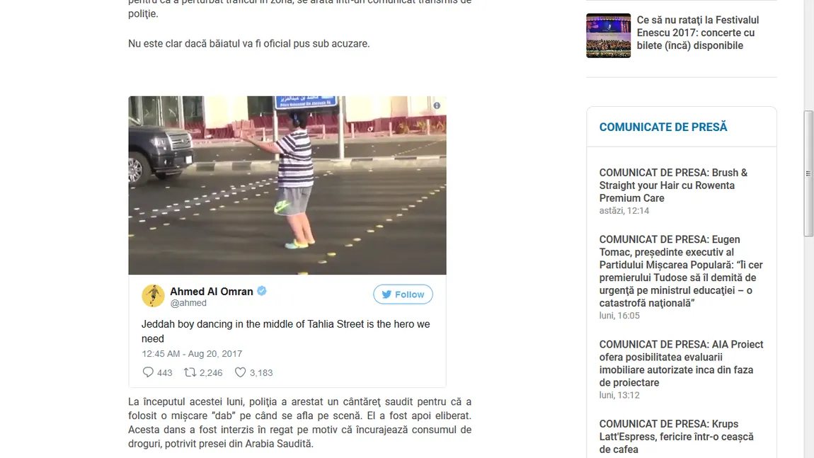 Un adolescent saudit filmat dansând Macarena pe stradă a fost reţinut de poliţie