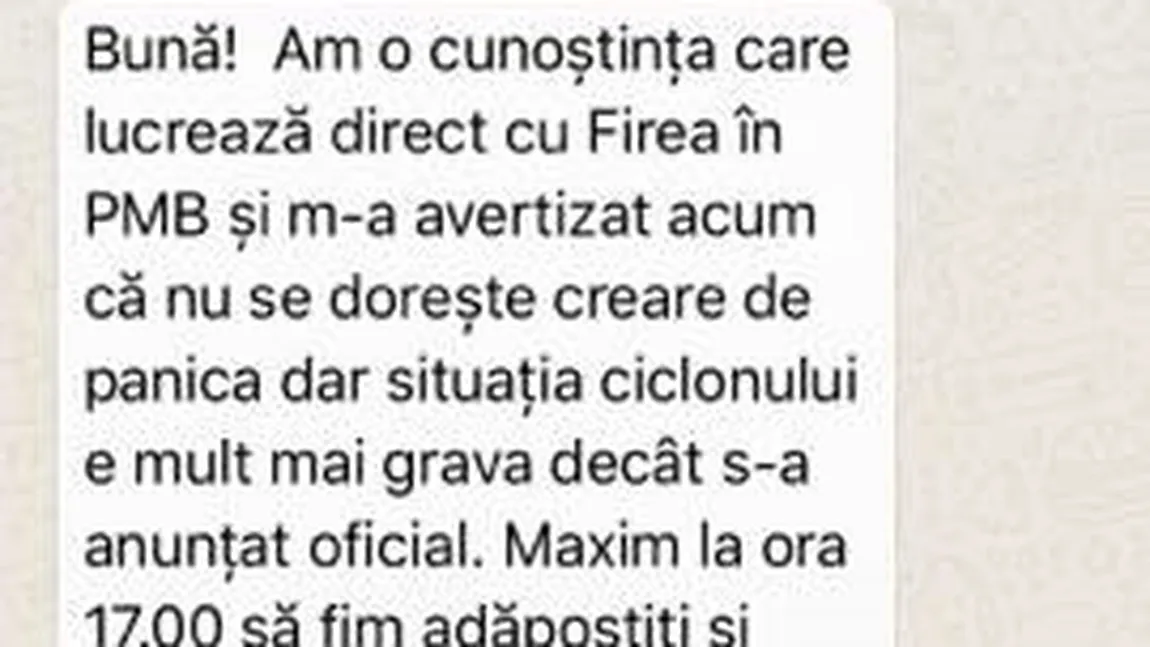 Mesaje SPAM despre FURTUNA anunţată în Bucureşti menite să inducă panica, distribuite pe WhatsApp