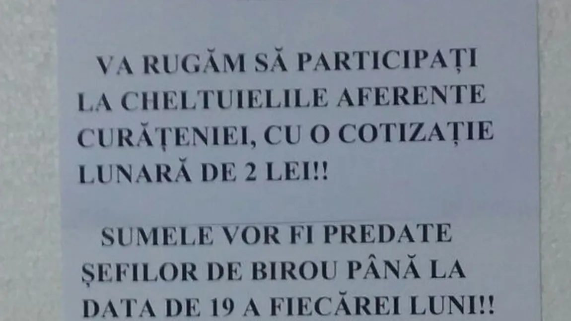 Scandal la IPJ Slatina. Poliţiştii sunt puşi să dea câte 2 lei, pentru curăţenie