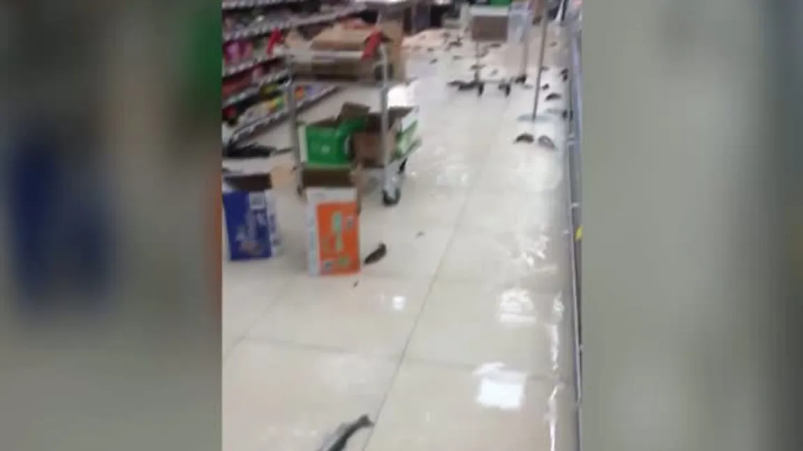 Imagini spectaculoase din hipermarket. Un acvariu s-a spart, peştii s-au răspândit printre raioane VIDEO