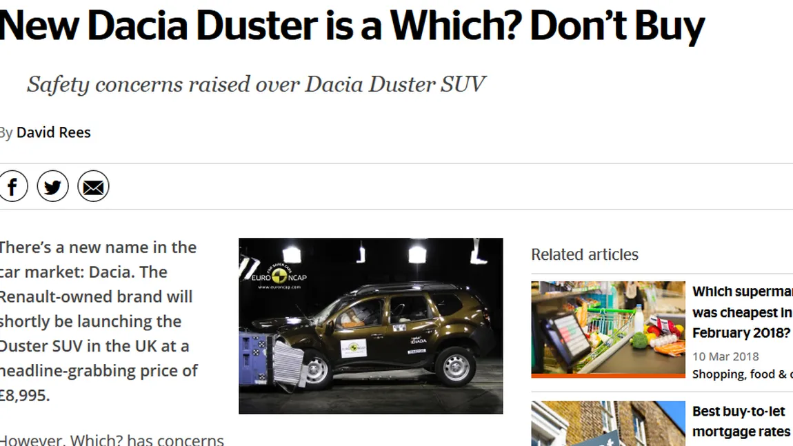 Dacia Duster, DESFIINŢATĂ pe site-ul protecţiei consumatorului din Anglia