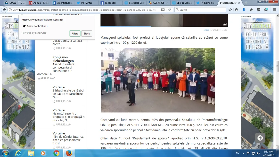 Proteste în Sănătate şi la Sibiu. 40 la sută din angajaţii Spitalului de Pneumoftiziologie au primit salarii mai mici