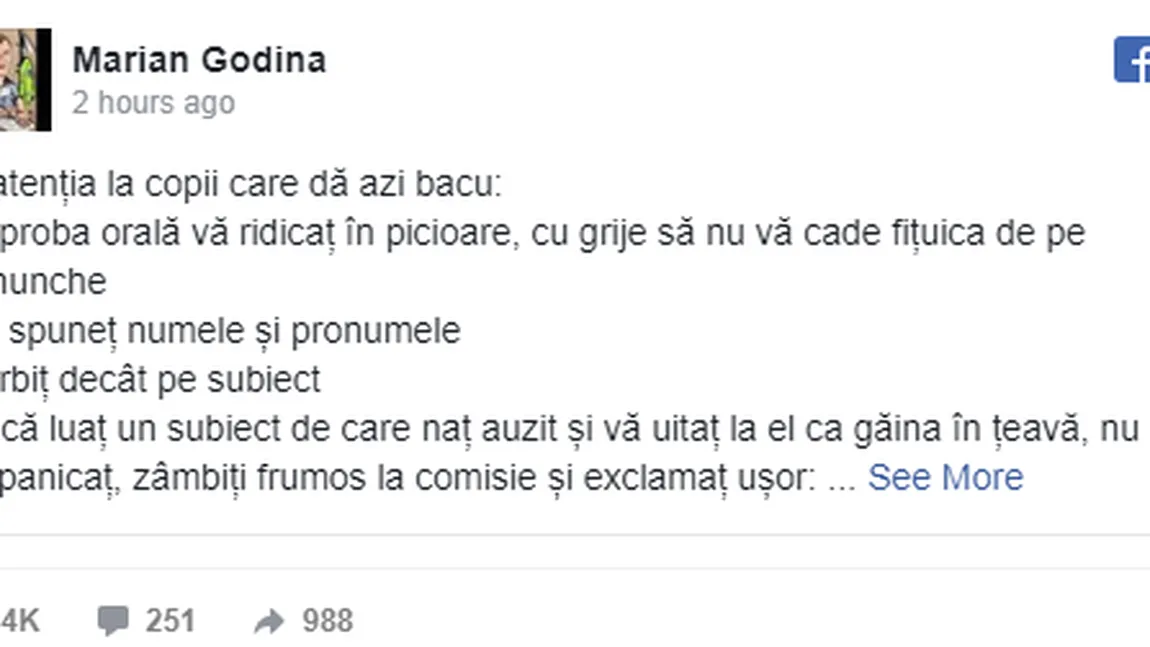 Sfatul lui Marian Godină pentru elevii care dau Bacalaureatul. 