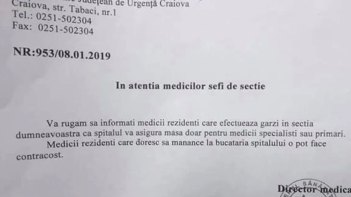 Rezidenţii de la Spitalul de Urgenţă Craiova, puşi să-şi plătească mesele în timpul gărzilor, care erau gratuite. Reacţia ministrului