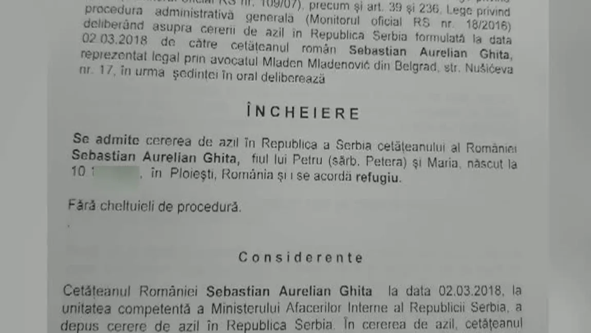 Documentul care atestă că Sebastian Ghiţă a primit azil politic în Serbia