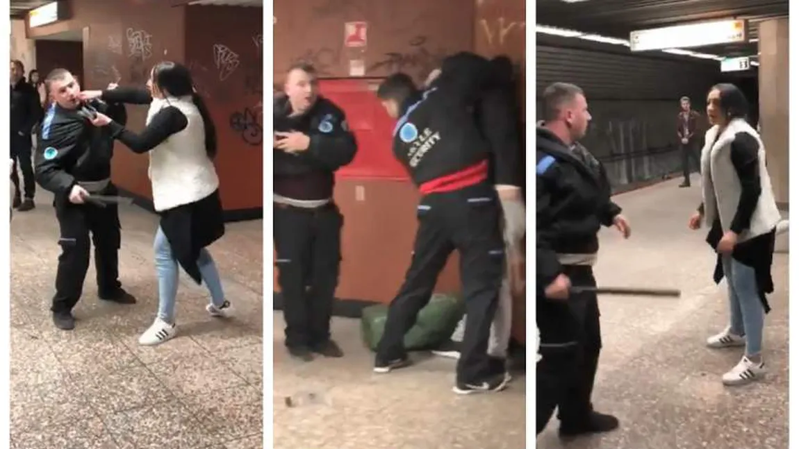 Bătaie în staţia de metrou Basarab. Un bărbat şi o femeie s-au luat la trântă cu paznicii din cauza unui coş de gunoi răsturnat