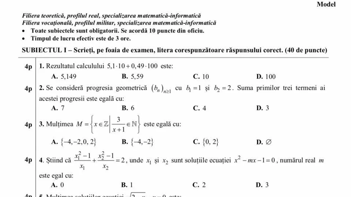 Modele de subiecte grilă pentru simulare BAC 2019 la matematică şi istorie FOTO