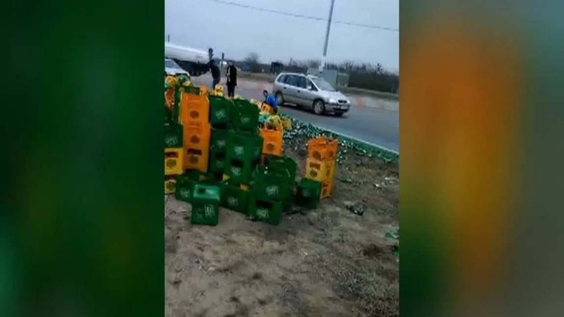 Sute de navete cu sticle de bere s-au împrăştiat pe Centura de Nord a Craiovei