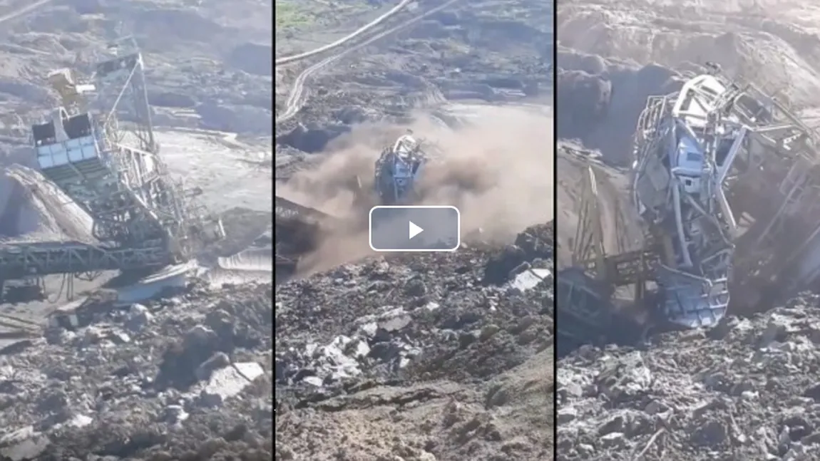 Momentul în care un excavator gigant se prăbuşeşte în mina de la Alunu. Imagini dramatice la Vâlcea VIDEO