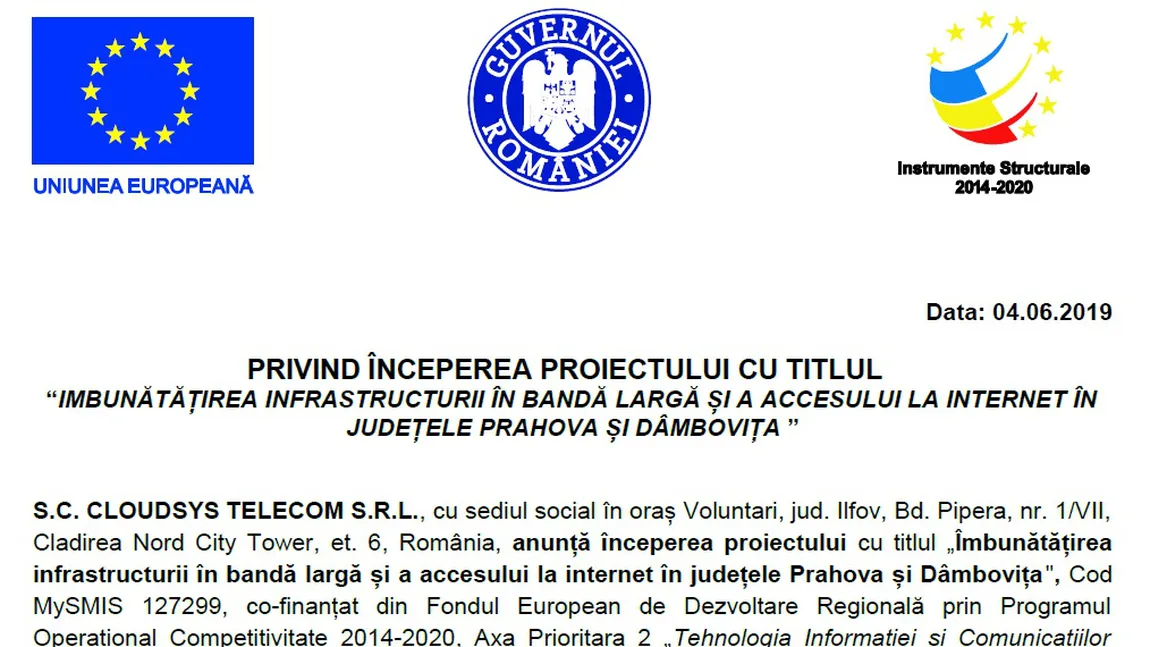 16 localiţi din Prahova şi Dâmboviţa vor beneficia de îmbunătăţirea infrastructurii de internet în bandă largă