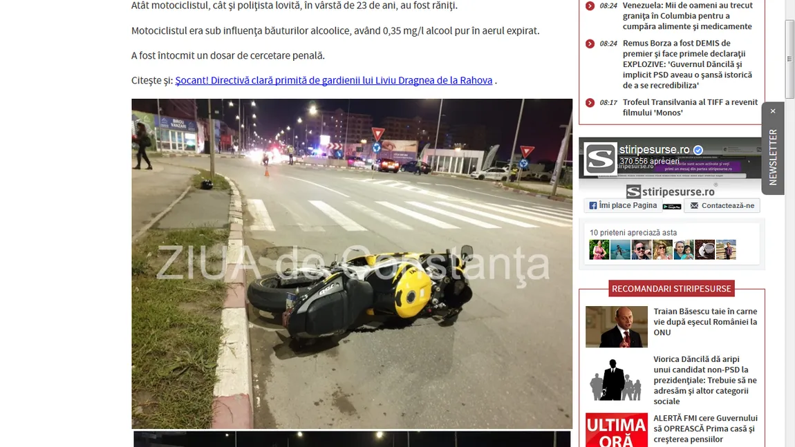 Un motociclist în stare de ebrietate a lovit o poliţistă într-un sens giratoriu din Năvodari