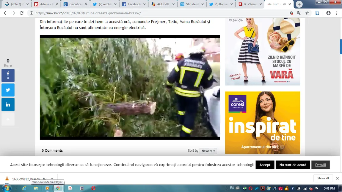 Furtună puternică în Braşov, copacii au distrus mai multe maşini. Unele localităţi au rămas fără curent electric VIDEO