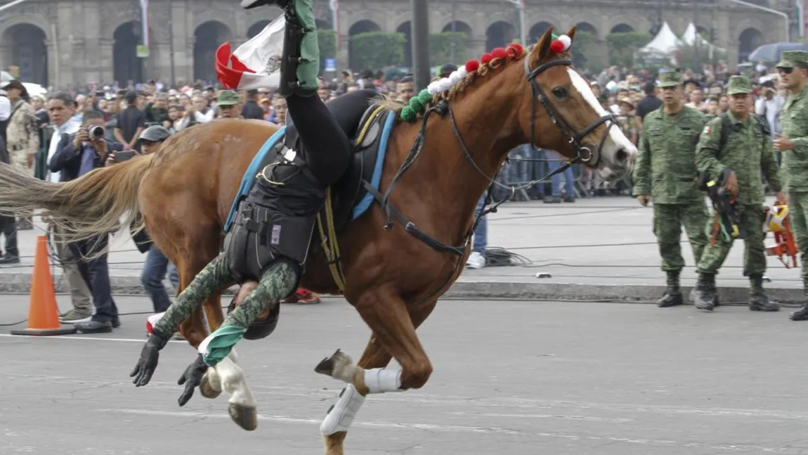 Incident şocant la paradă, sub ochii preşedintelui. Un călăreţ a căzut de pe calul aflat în plin galop VIDEO
