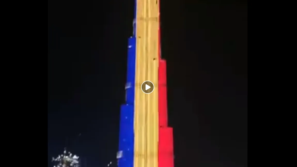 Imagini spectaculoase! Cea mai înaltă clădire din lume, luminată în tricolorul României de 1 Decembrie VIDEO
