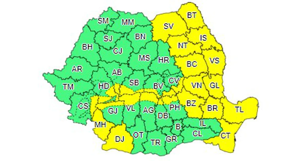 Alertă severă! Cod GALBEN în România. Mai multe judeţe vor fi afectate