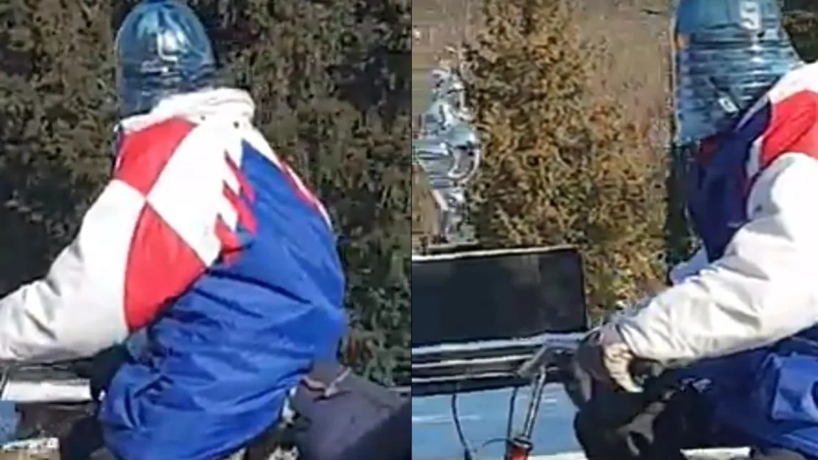 Românul este inventiv. Cum a fost fotografiat un biciclist friguros din Reşiţa. Lumea leşină de râs când îl vede VIDEO