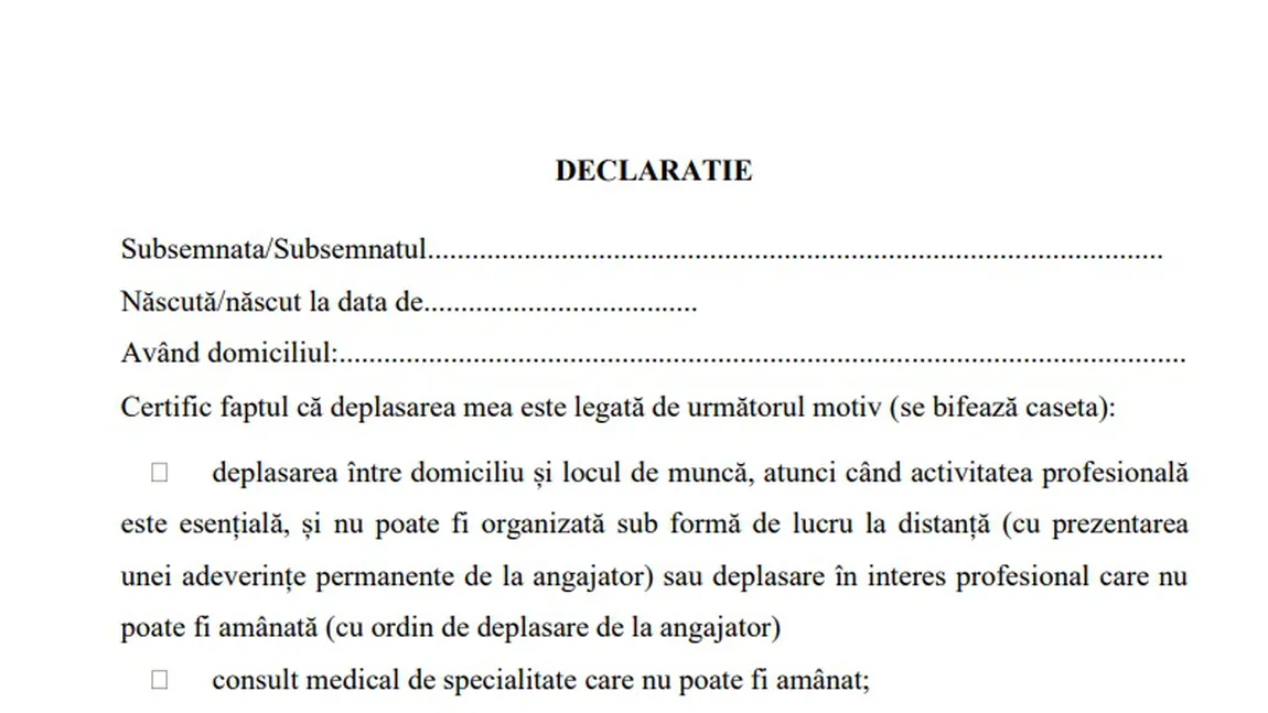 Declaraţia pe propria răspundere şi adeverinţa de la angajator pentru a putea circula în România - modele. DESCARCĂ document