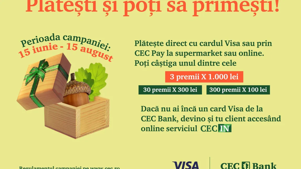Tranzacţiile cu cardul tău CEC Bank Visa îţi pot aduce premii în bani
