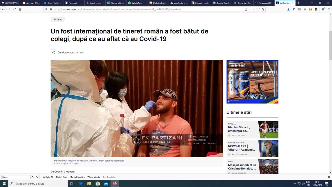 Fotbalist român, bătut de colegii de echipă din cauză că are coronavirus. Drama fostului internaţional de tineret