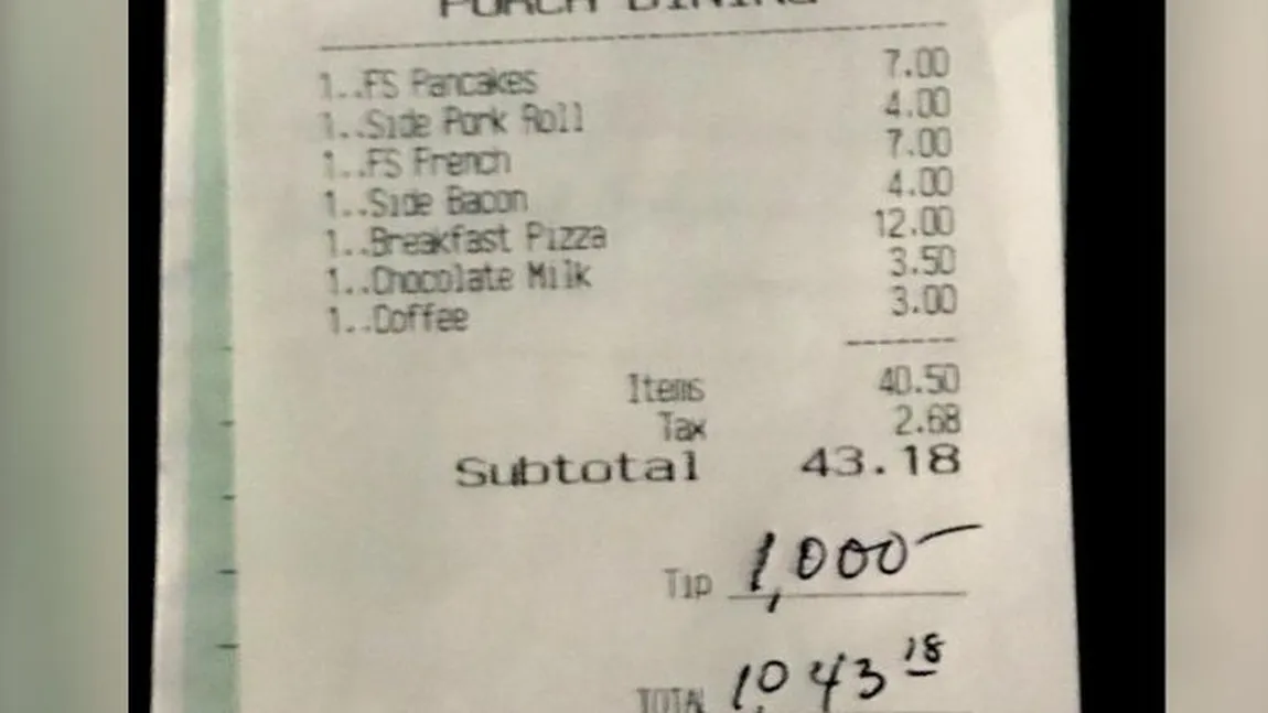 Gest şocant al unui bărbat! A lăsat un bacşiş uriaş la un restaurant, în semn de mulţumire pentru că a lucrat în timpul pandemiei