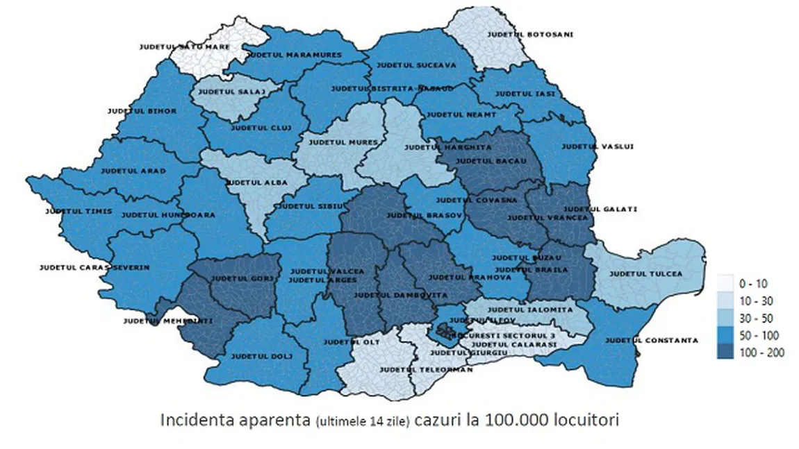 Trendul epidemiei COVID-19: descendent în ultima săptămână în 10 judeţe, în Bucureşti este în continuare ascendent